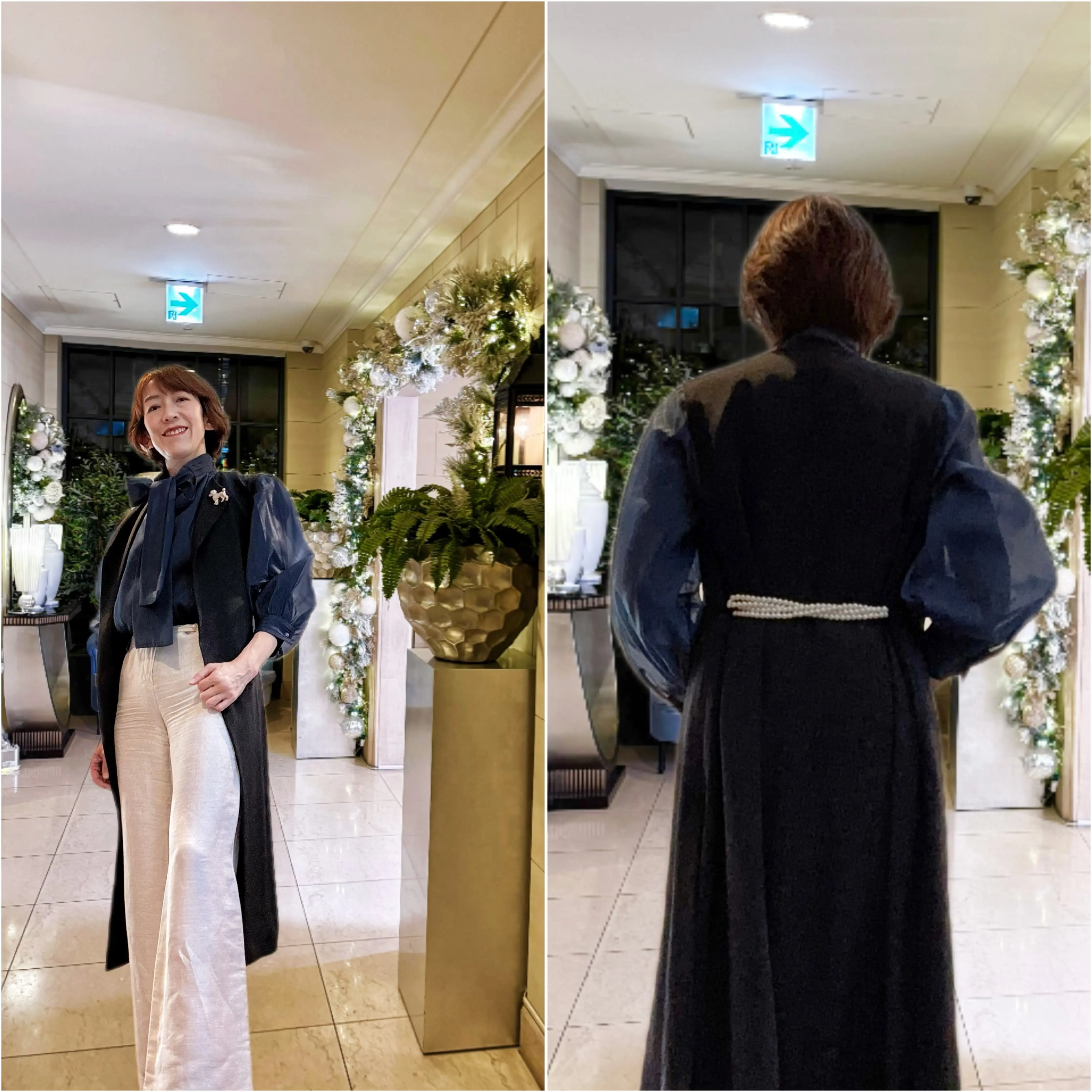 ソワレドゥエクラ 50代コーデ アラフィフパーティ コーデ ロングジレ ブラック×ネイビー