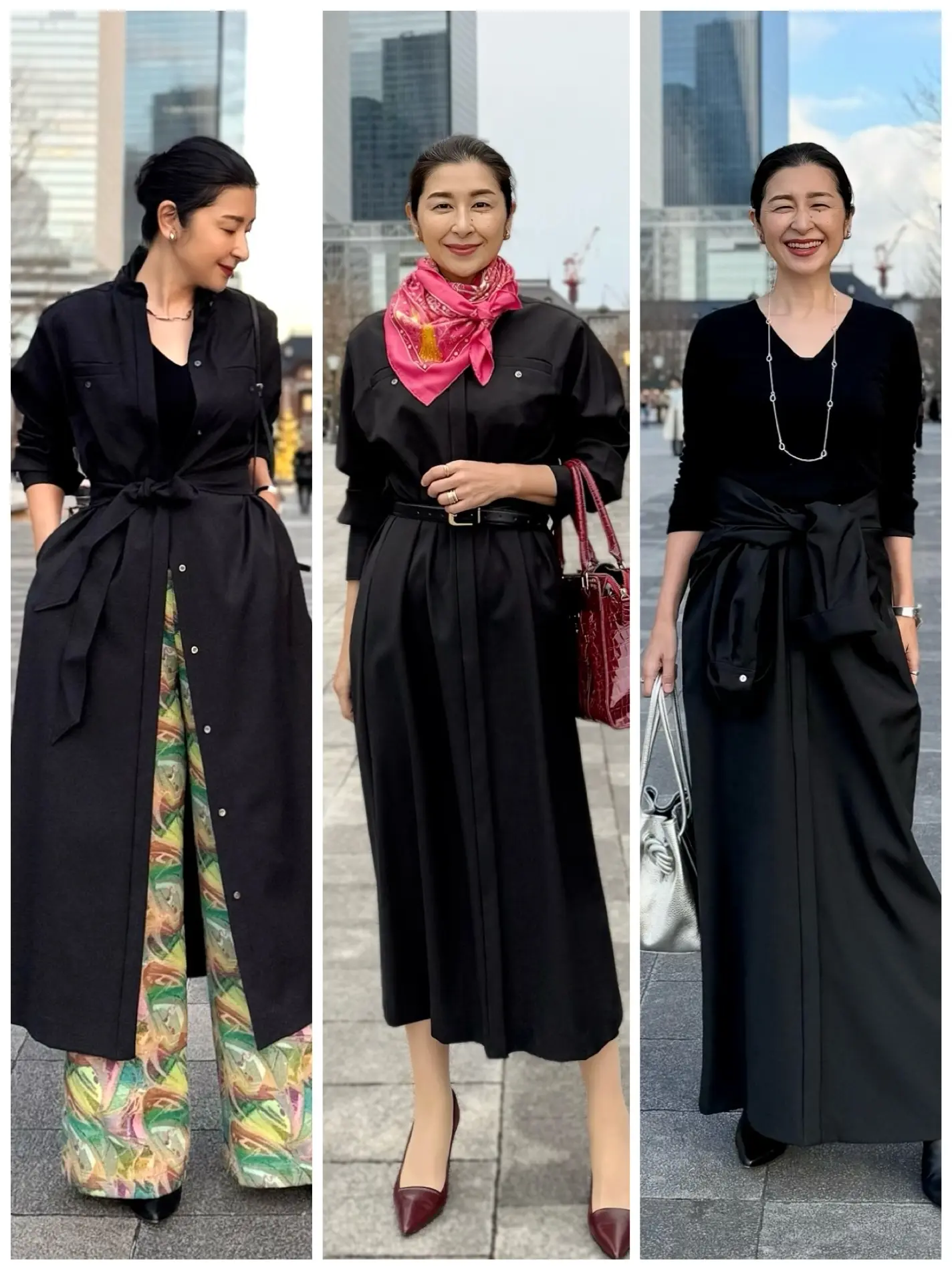 イーバイエクラ　黒ワンピース　着回し　50代ワンピースコーデ　アラフィフワンピースコーデ　エルメススカーフ　ボルドー色パンプス　黒ショートブーツ　