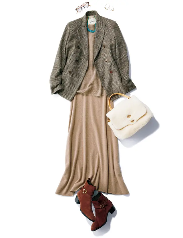 女らしいニットスカートとトラッドなジャケットのコーデ