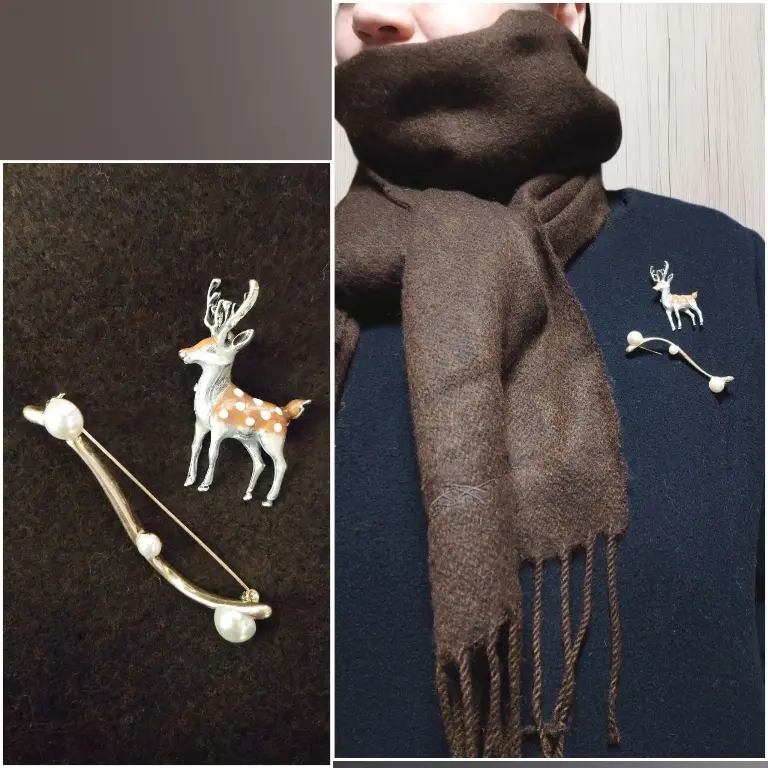 H＆Mブラウンマフラーと鹿＆パールのブローチ