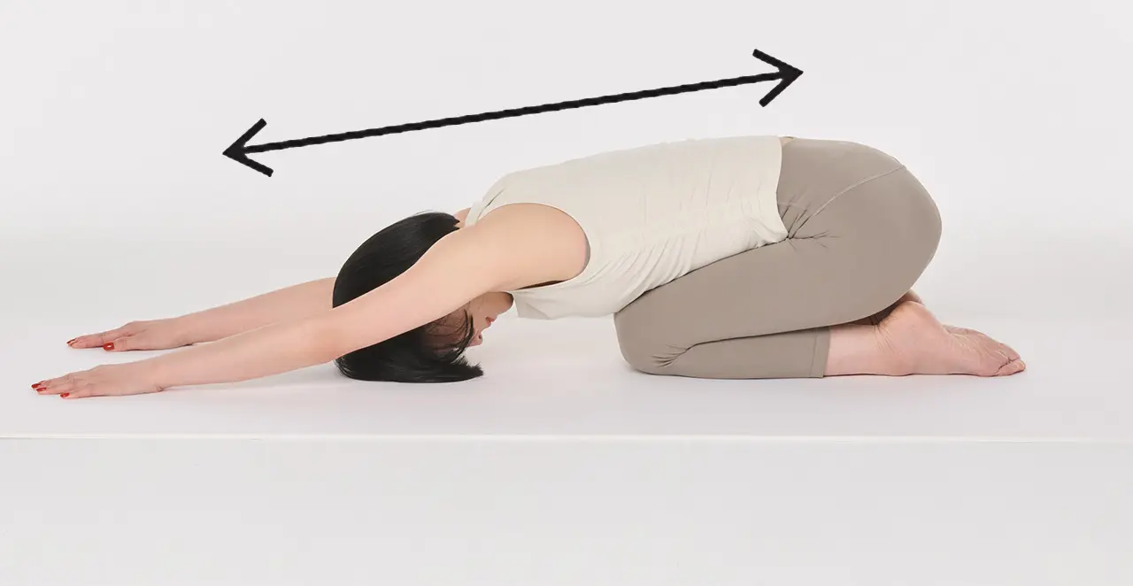 上体を前に倒し、手のひらを下にして腕を前に伸ばす