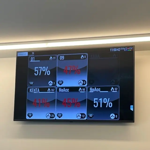 人気トレーナーAYAさんのジムでのトレーニング中。正面のスクリーンには心拍モニターで測った心拍数と数字