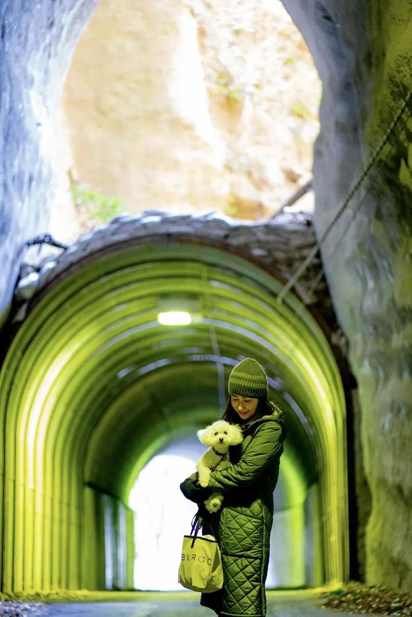 養老渓谷２階建トンネル、養老渓谷の２階建トンネル、入口が1つなのに出口を2つ作ってしまったトンネル。緑色の光がとっても幻想的