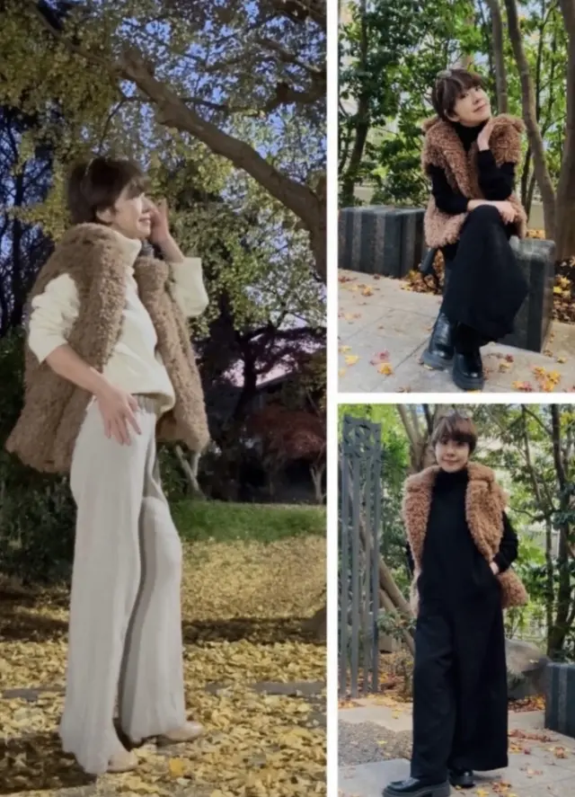 冬のホワイト&amp;ブラックパンツコーデにブラウンのニットコートで華やかさをプラス_1_1