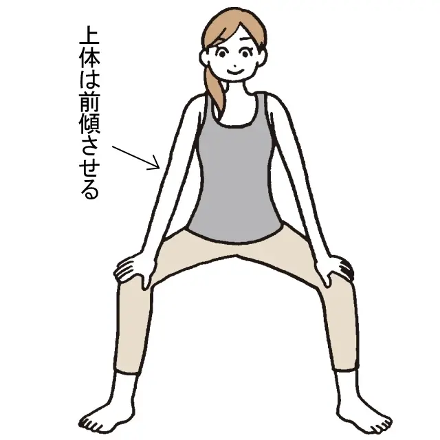 両脚を肩幅よりも広く開いて立つ。上体は前傾させる