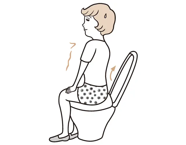 トイレでは、 膝に手を置き、 腰を伸ばす！