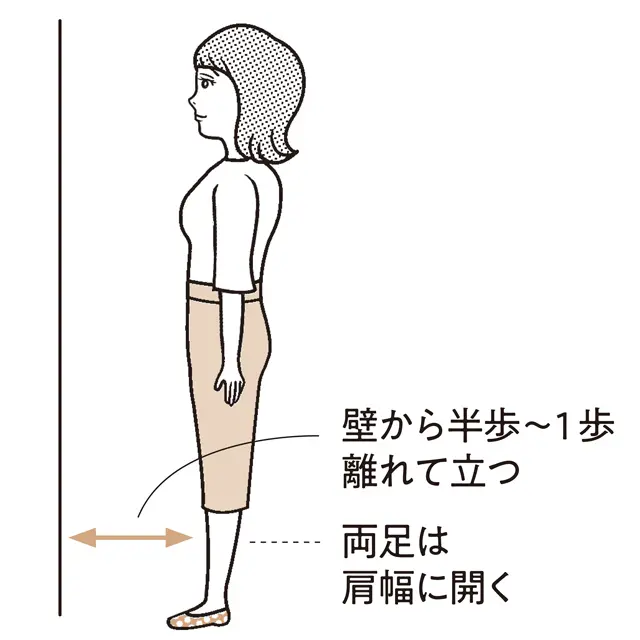 壁に向かって立ち、半歩〜1歩離れて、両足を肩幅程度に開く。