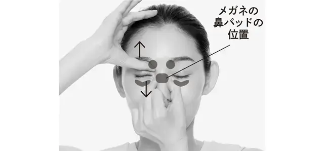 眉間のくぼみに右手親指の腹を当て、ほかの指を髪の生えぎわに置き、頭の骨をはさむように圧をかける。