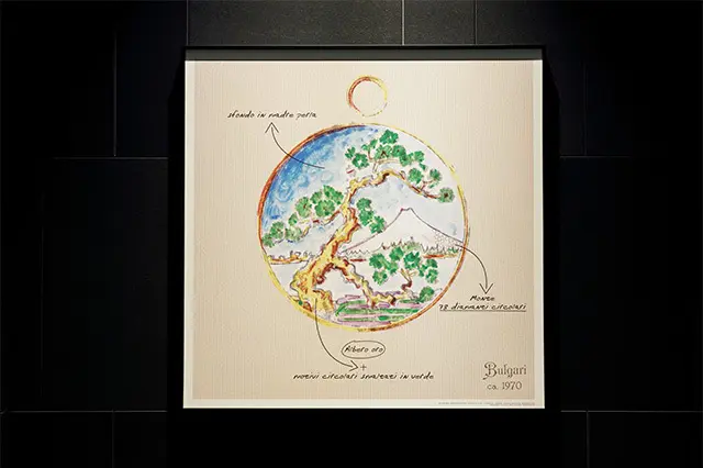 1972年、ブルガリが日本との長きにわたる縁を記念して制作した「マウ ント・フジ ブローチ」のデザイン画。