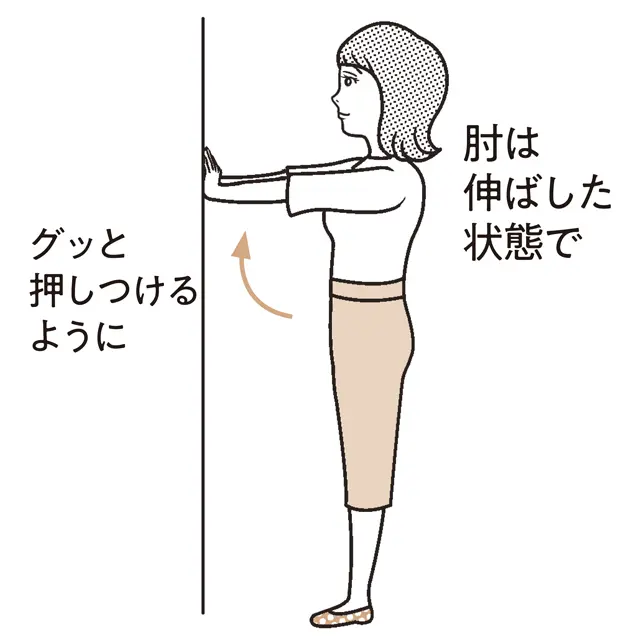 ぎっくり腰ストレッチ　《2》肘をまっすぐに伸ばして、左右の手のひらを壁につける。