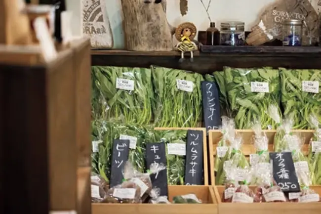 オーガニック野菜や地元のこだわりの加工品を店内で販売