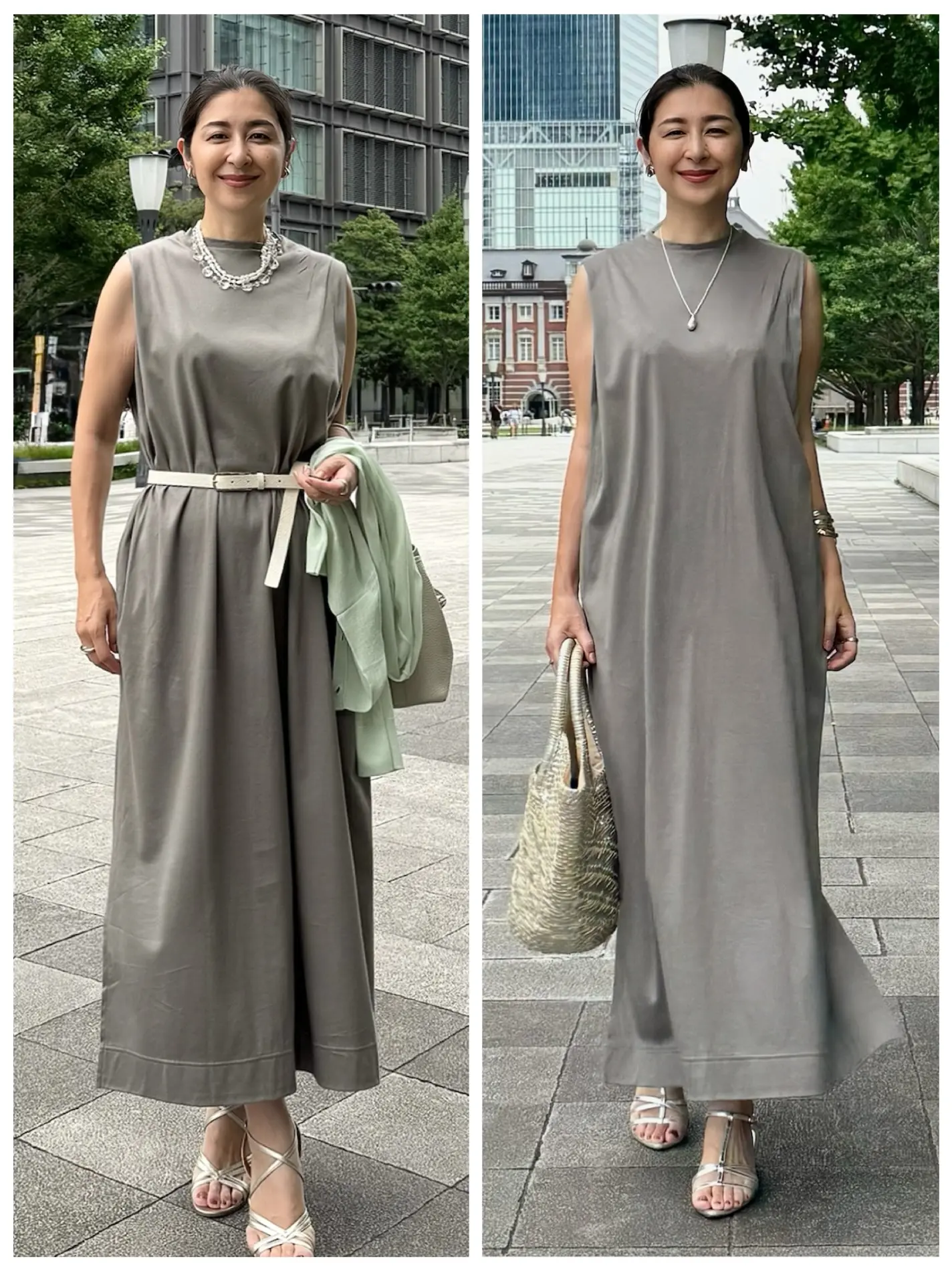 イーバイエクラ　SALONEワンピース　グレージュ　接触冷感ワンピース　オフホワイトバッグ、オフホワイトベルト　シャンパンゴールドサンダル　ライトグリーンカーディガン　シルバーサンダル　シルバーバッグ