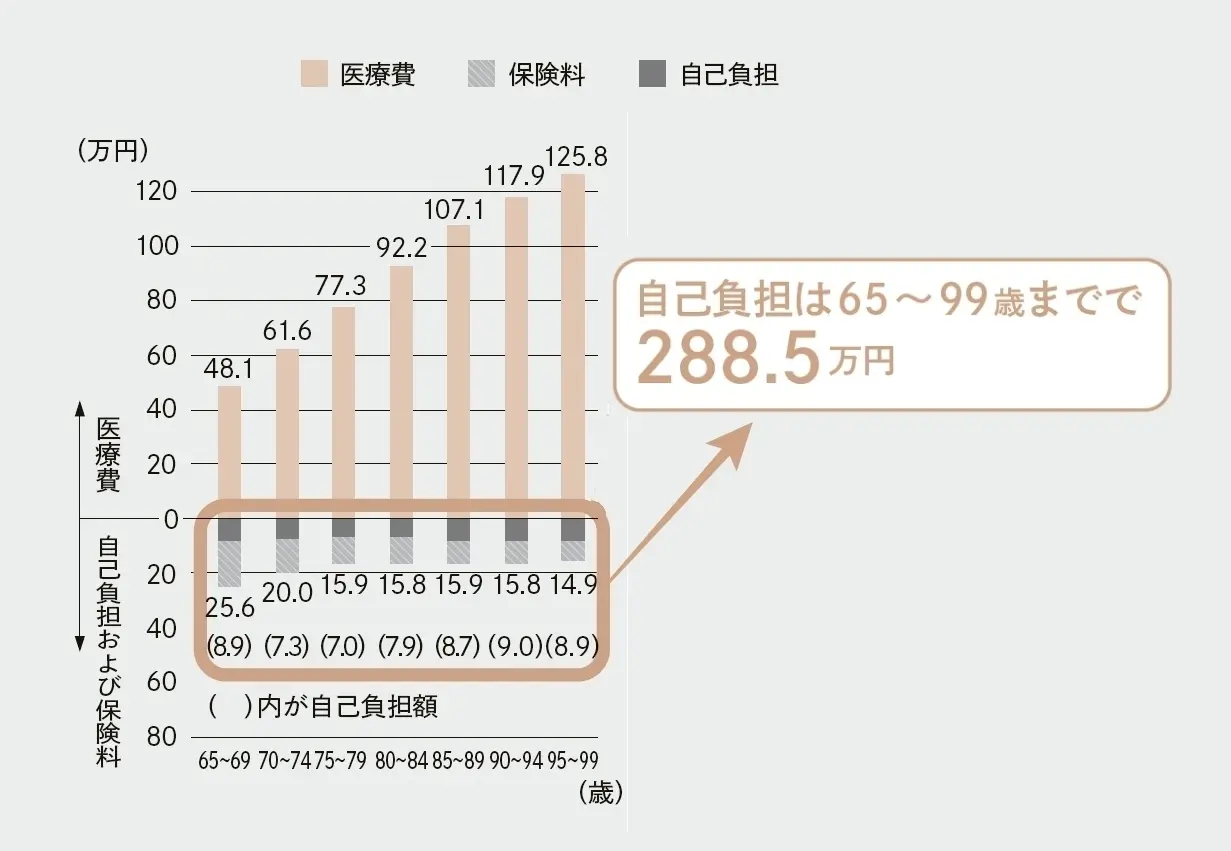 年齢階級別1人当たりの医療費、自己負担額、保険料　グラフ