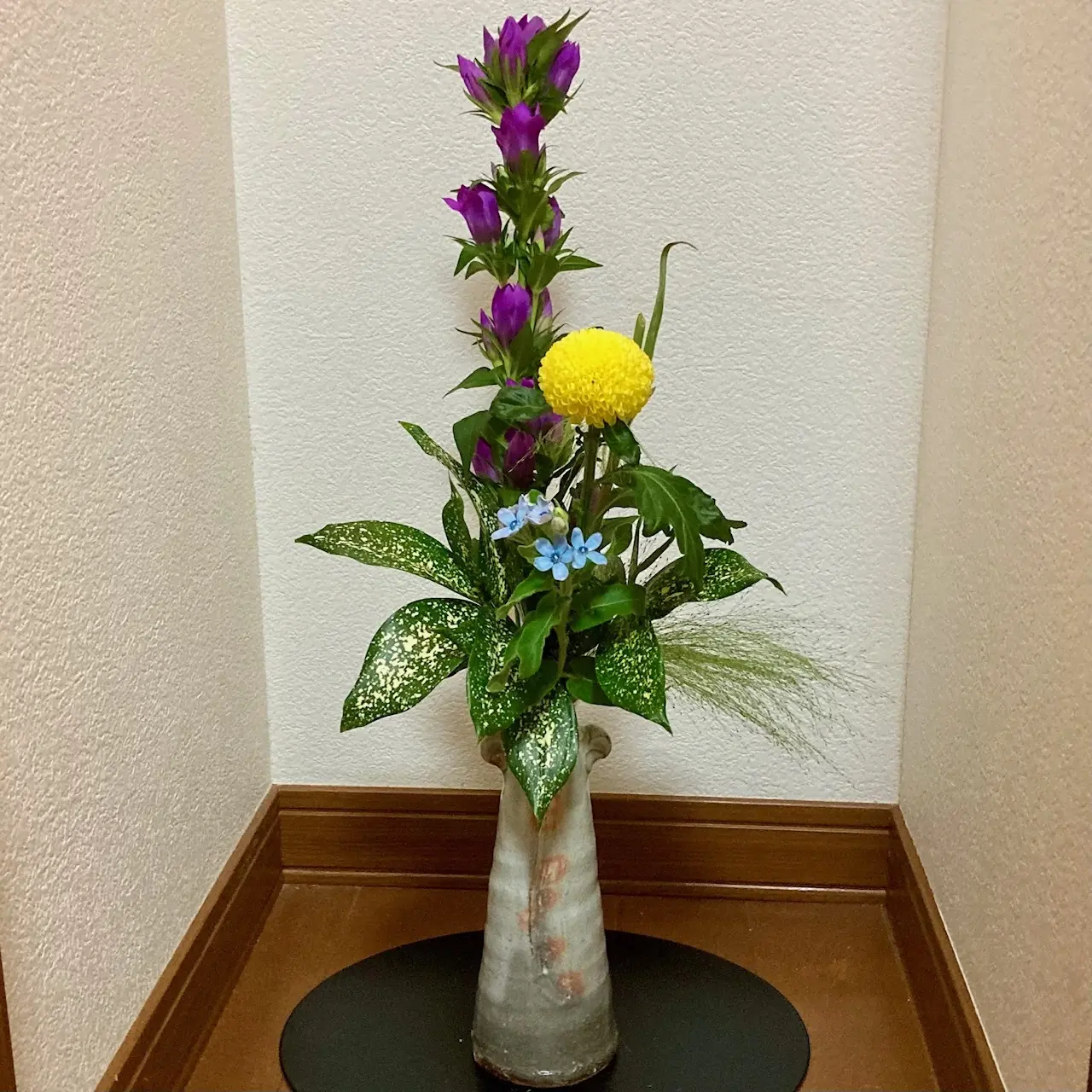 中秋の名月に生けたピンポン菊の生け花。