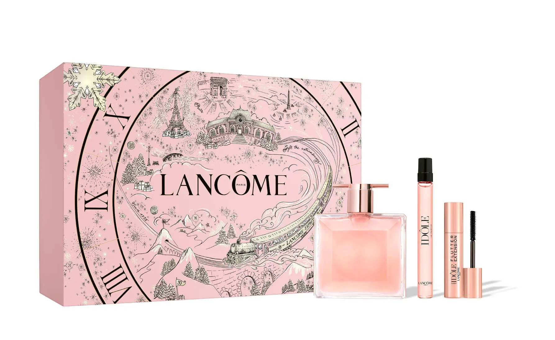 クリスマスコフレ　2025　ランコム　イドル コフレ　￥11330／ランコム＜数量限定発売中＞  セット内容：イドル オー ドゥ パルファン 25mL(オー ドゥ パルファン/現品)、イドル オー ドゥ パルファン 10mL(オー ドゥ パルファン/試供品)、ラッシュ イドル フラッター エクステンション 01 トゥルー ブラック 2mL(マスカラ/試供品)