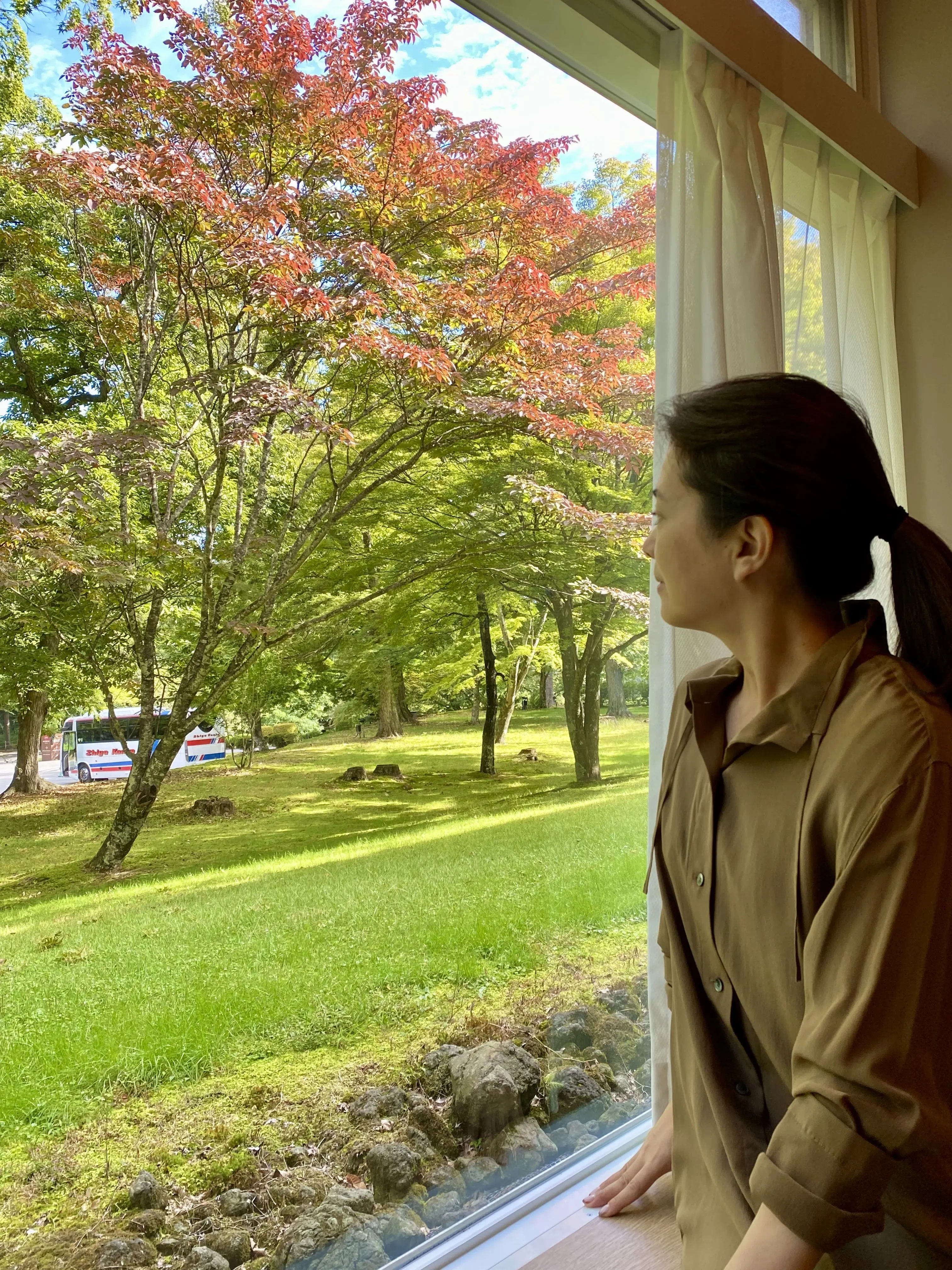 軽井沢プリンスホテルの部屋から眺める紅葉の木々。朝の光に透ける赤い葉が美しい。