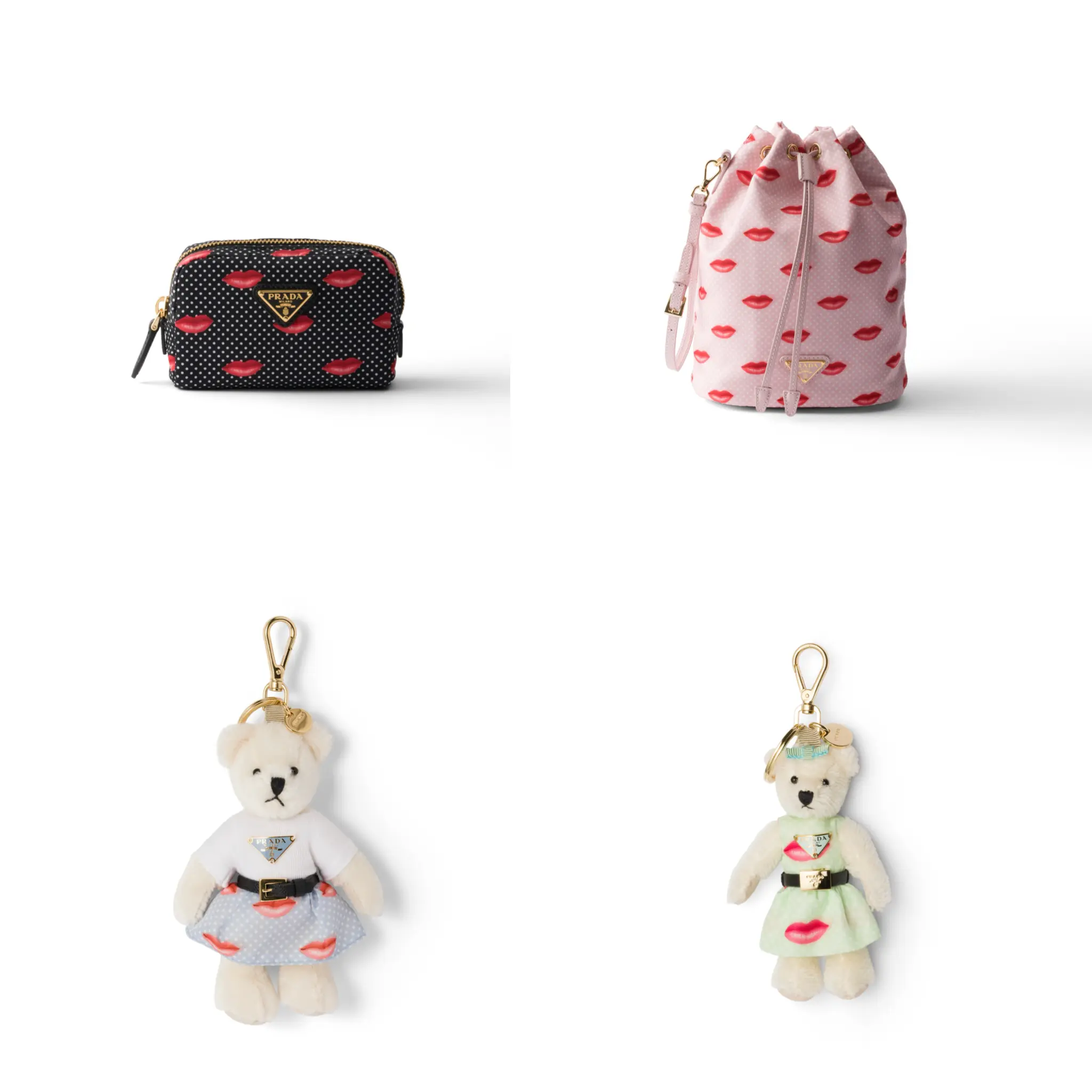 プラダの小物が4つ並んでいる。左上に黒地に赤リップ柄のジップアラウンドポーチ、右上にピンク地に赤リップ柄の巾着ポーチ、左下に水色に赤リップ柄のスカートを履いたシロクマのチャーム、右下にパステルグリーンに赤リップ柄のドレスを着たしろくまのチャーム
