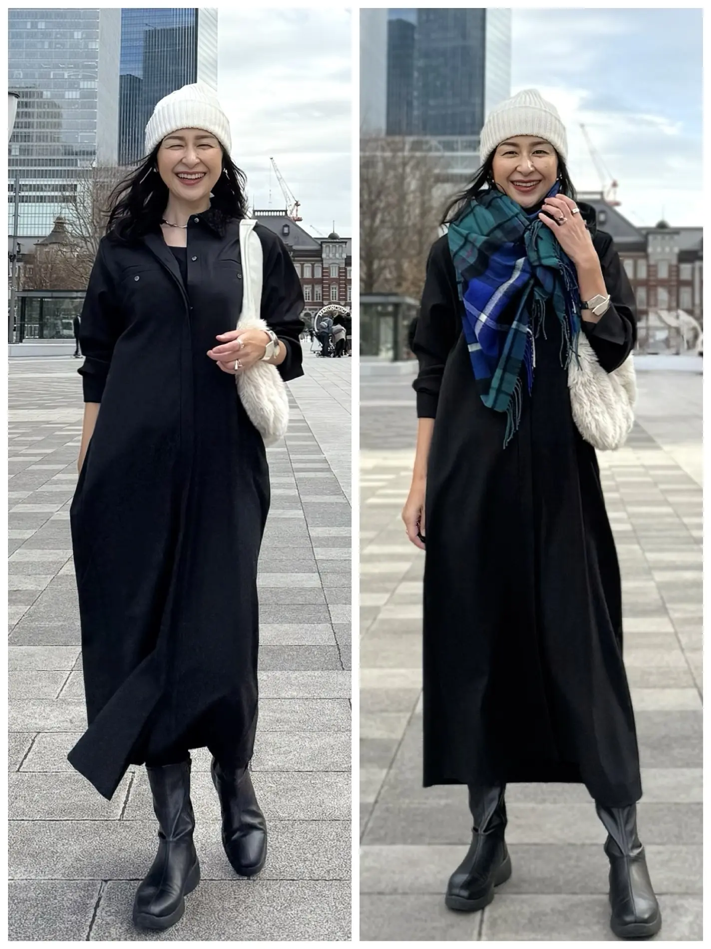 イーバイエクラ　黒ワンピース　着回し　50代ワンピースコーデ　アラフィフワンピースコーデ　白ニット帽子　ファーバッグ　黒ショートブーツ　チェック柄ストール