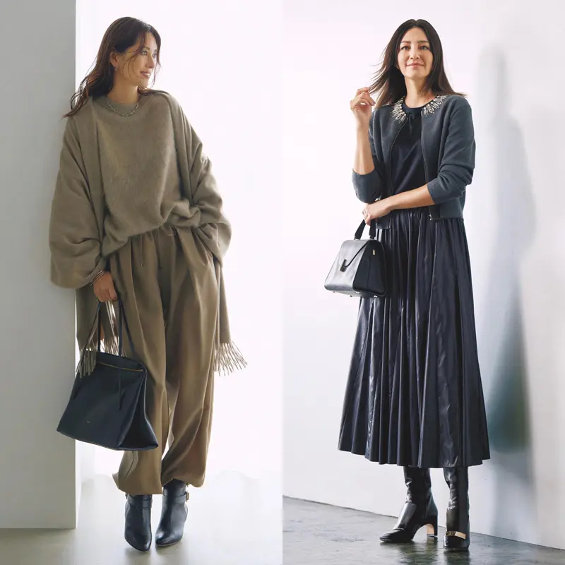 カシミヤニット×ウールパンツのベージュコーデからビジューつき カシミヤニット×ウールパンツのベージュコーデからビジューつき
