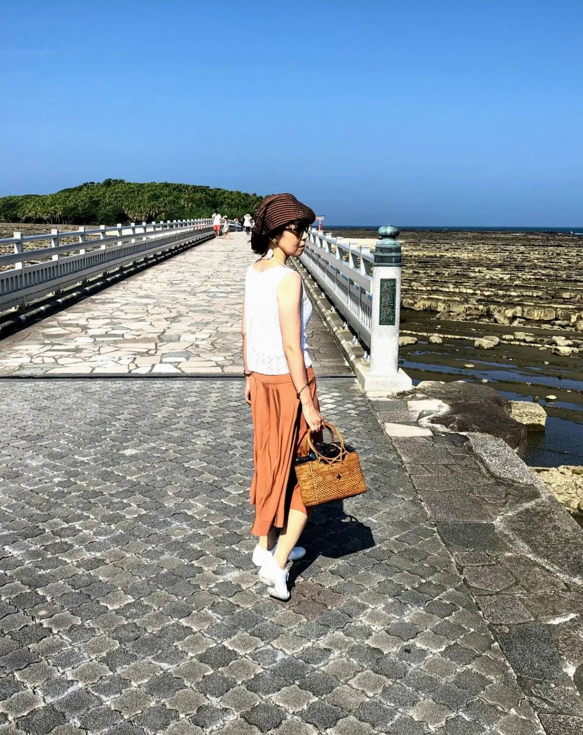 灼熱の太陽に照らされながら橋を渡り青島神社へ。左右には国の天然記念物、鬼の洗濯板が広がっています