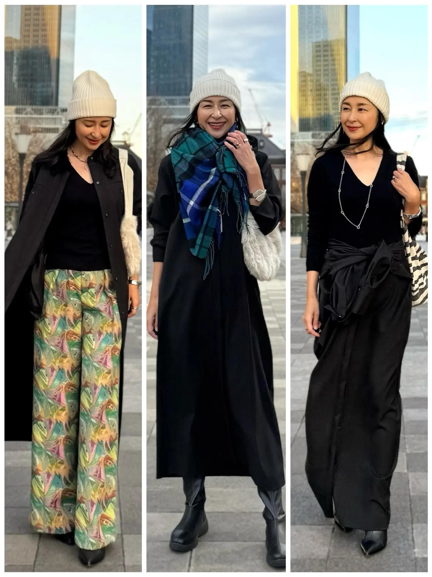 イーバイエクラ　黒ワンピース　着回し　50代ワンピースコーデ　アラフィフワンピースコーデ　　シルバーネックレス　黒ショートブーツ　ゼブラ柄バッグ　白ニット帽子　チェック柄ストール