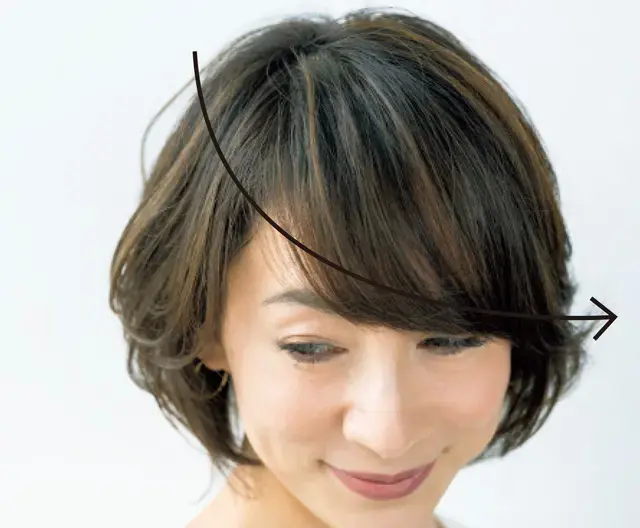 頭頂部から前髪を深くつくることで、気になる生えぎわ、前髪のボリュームのなさをカバー。