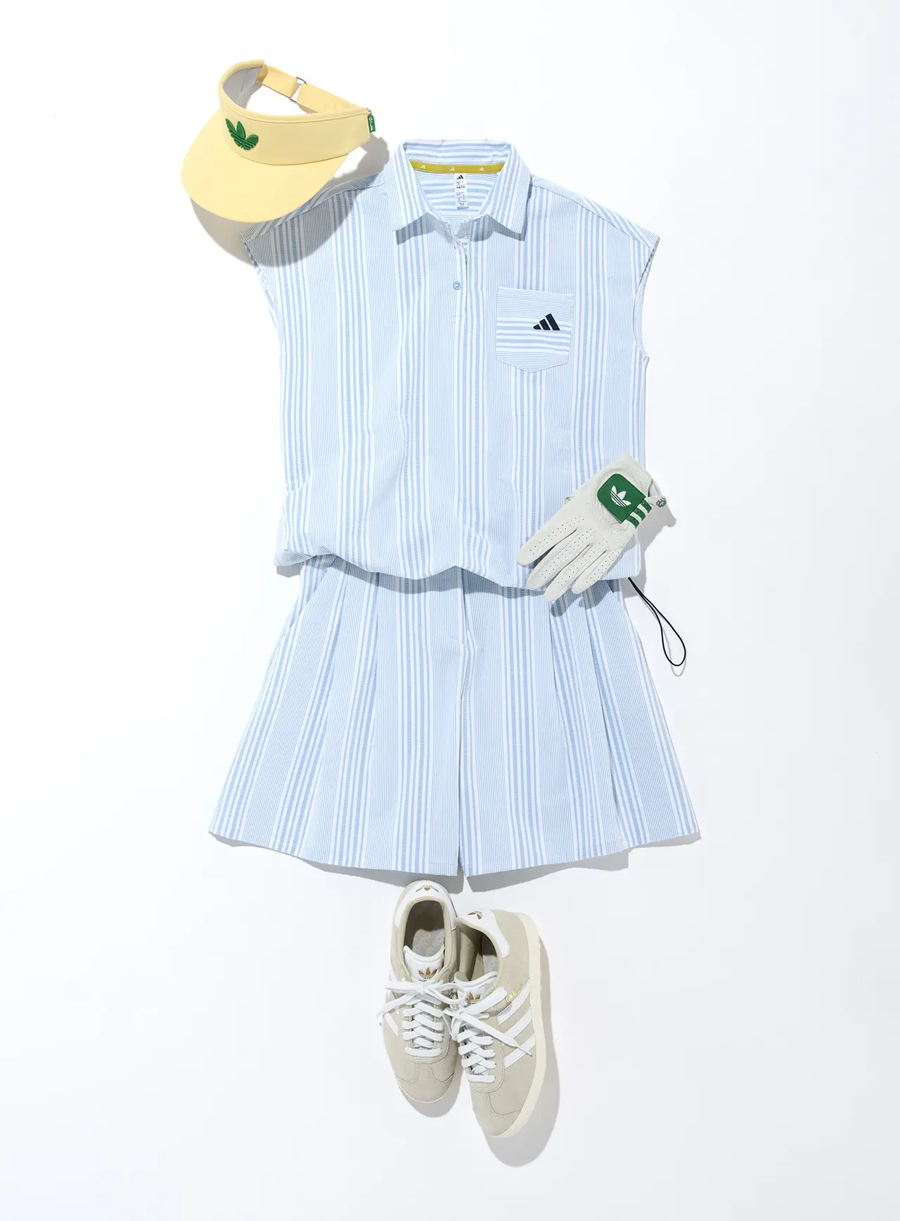 シャツ¥9,900・ショーツ¥12,100・靴¥16,500・サンバイザー¥5,500・グローブ¥4,400/すべてアディダス ゴルフお客様窓口(アディダスゴルフ)