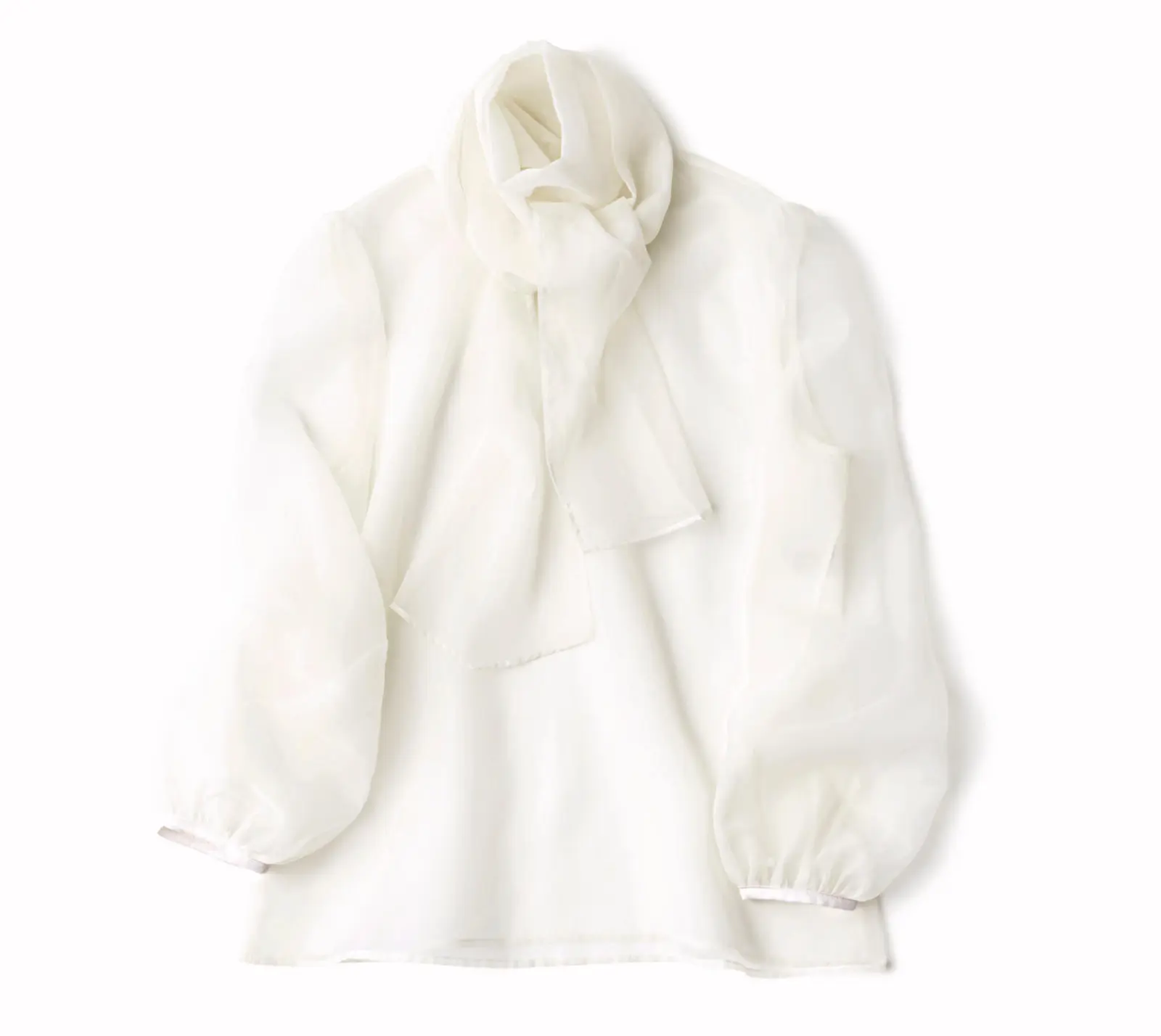 シアー素材の投入で 軽やかなエレガンスを表現　白ブラウスを旬のシアー素材に切り替えると、オケージョン の装いもぐっとフレッシュに。ワイド幅のボウタイも華やか。ブラウス（キャミソールつき） ￥46,200／フィルム（コルコバード）