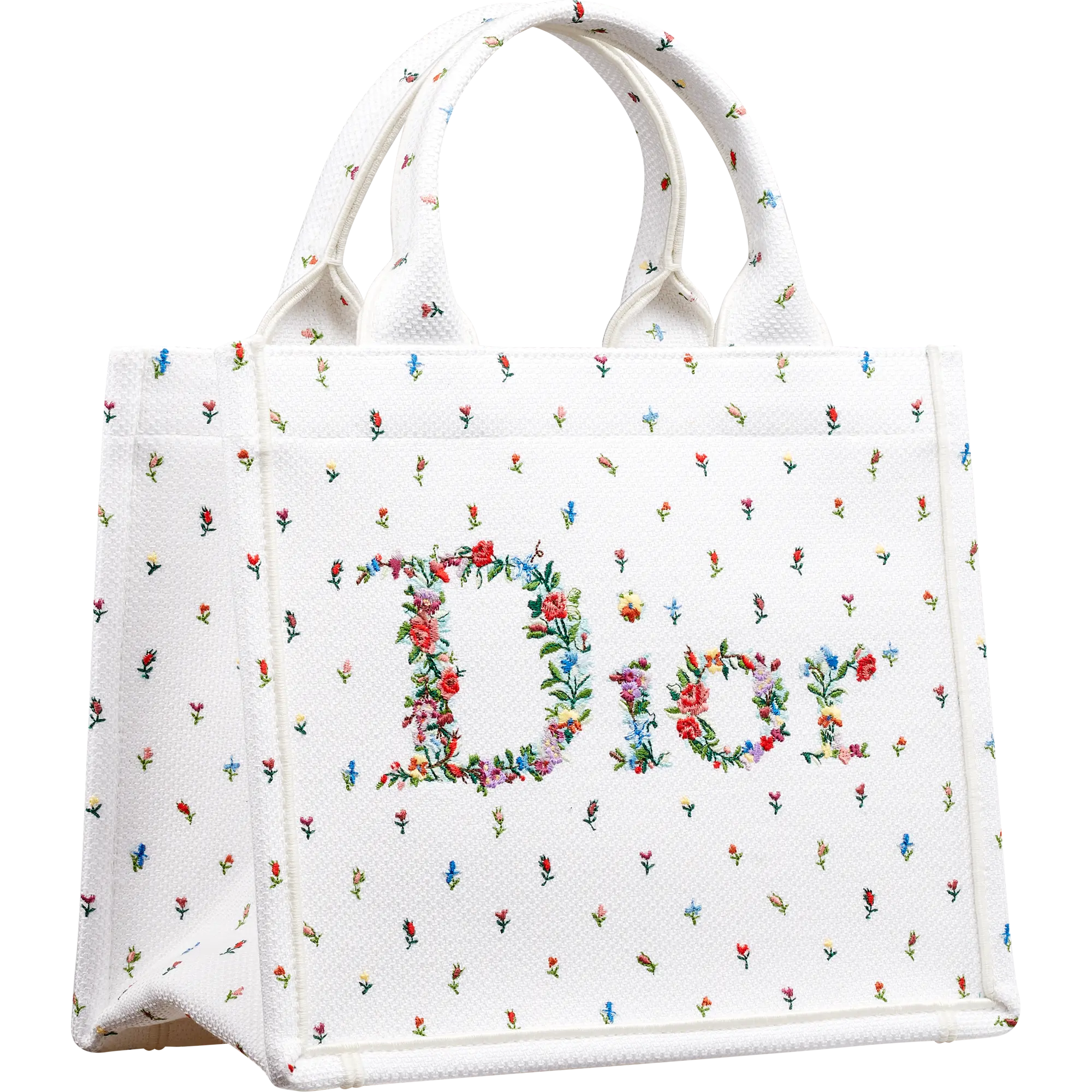 ディオール ブックトート スモールサイズ 伊勢丹新宿店限定　白地にカラフルな小花が散りばめられた柄で、バッグ前面の中央に花で模ったDiorの文字入りのトートバッグ