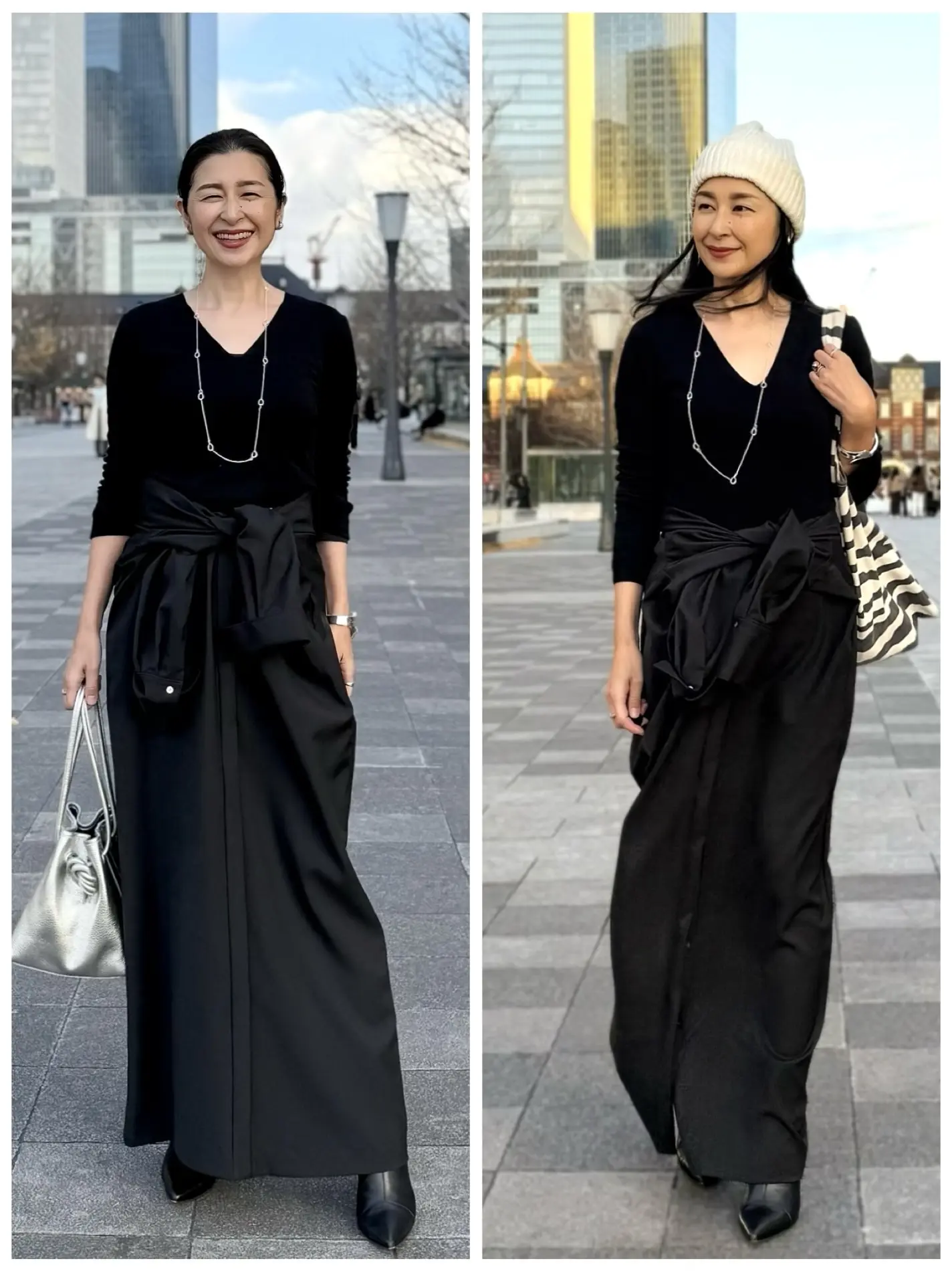 イーバイエクラ　黒ワンピース　着回し　50代ワンピースコーデ　アラフィフワンピースコーデ　シルバーバッグ　シルバーネックレス　黒ショートブーツ　ゼブラ柄バッグ　白ニット帽子