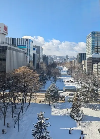 レストランの窓から眺める大通公園の景色