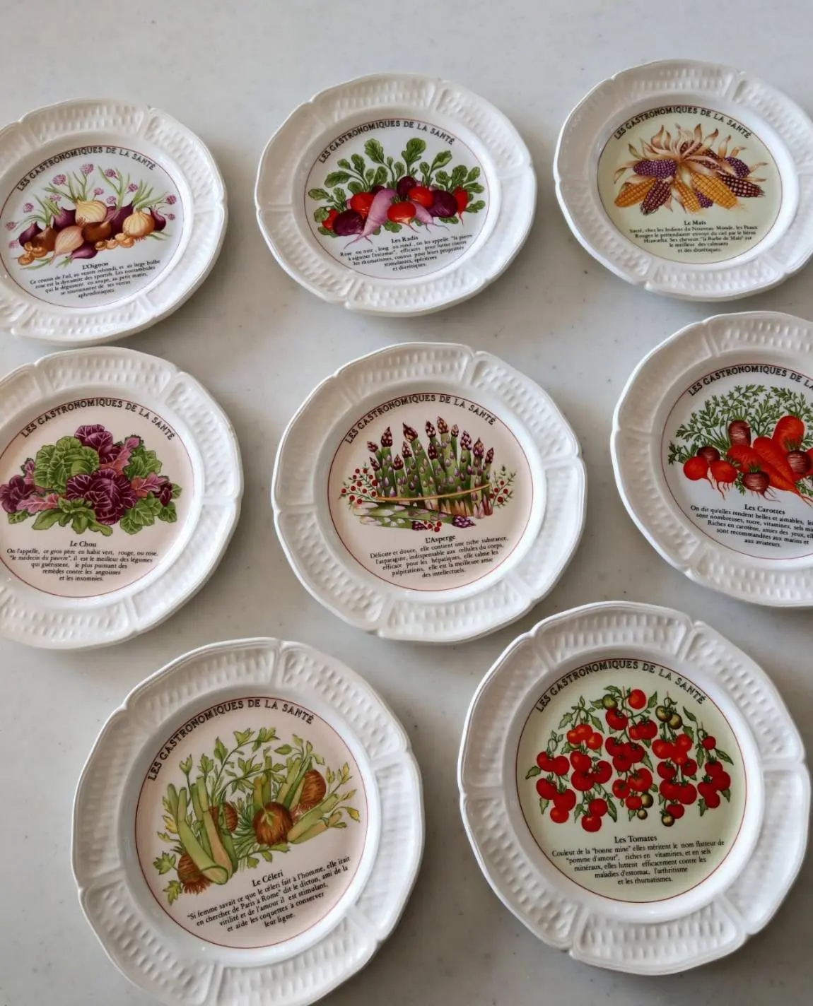 ポタジエ·アンシャンテにはお野菜が色鮮やかに描かれています。縁の模様と質感、フォルムにも惹かれます