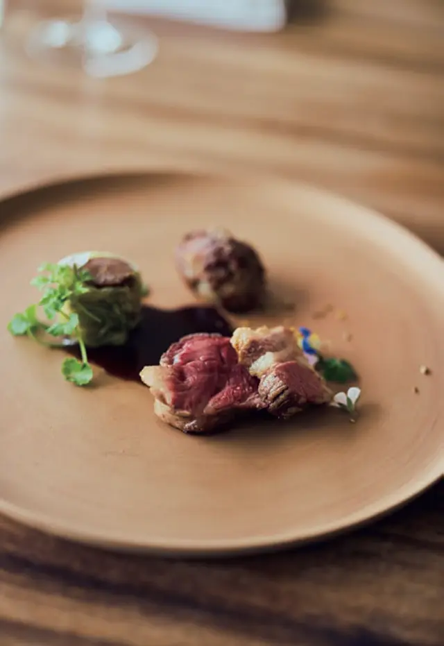 能登　国内旅行　ヴィラ デラ パーチェ　氷見の完全放牧豚の炭火焼きに、伝統の「いももち」のアレンジなど。松本かおるさんの器で