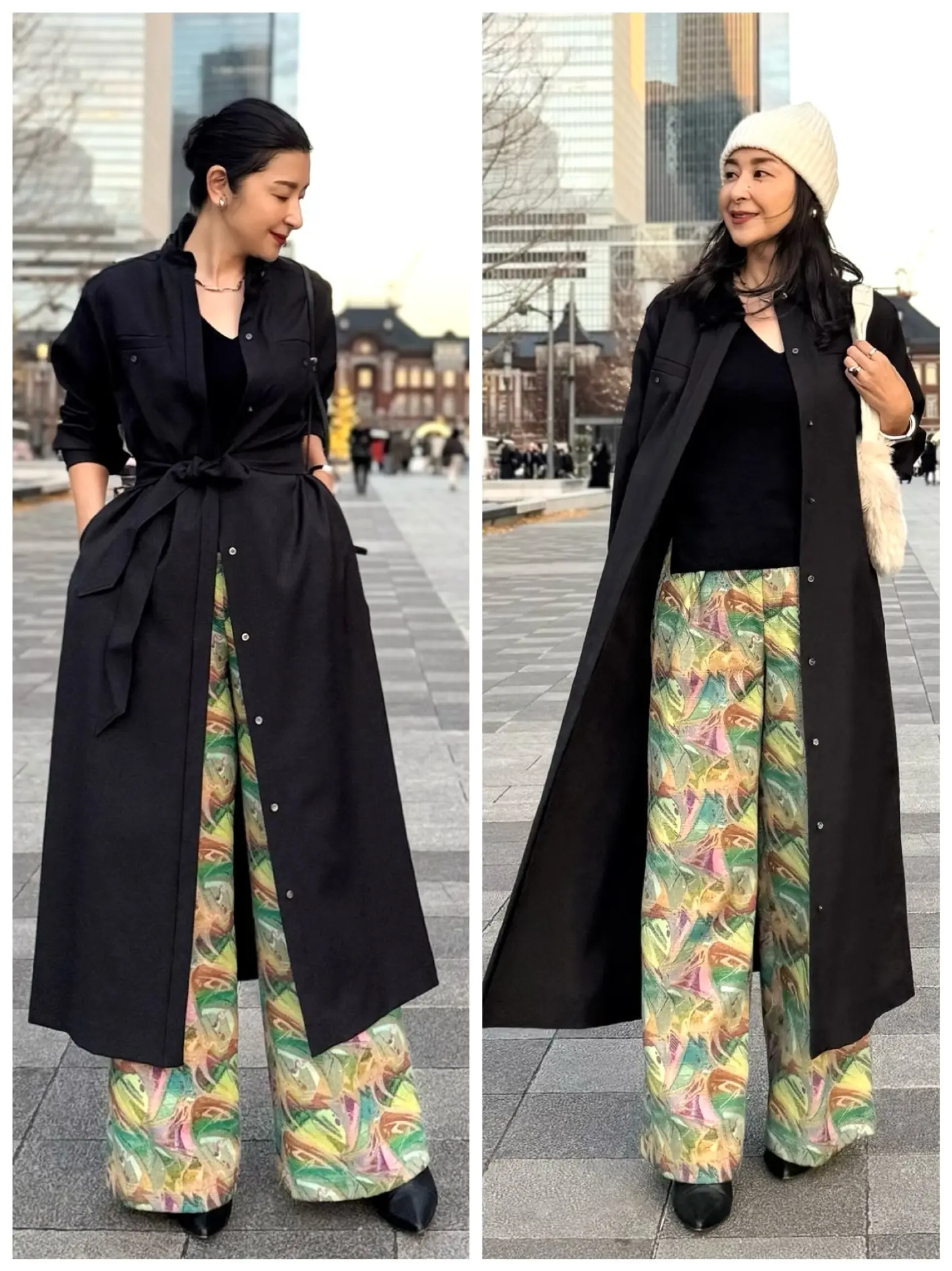 イーバイエクラ　黒ワンピース　着回し　50代ワンピースコーデ　アラフィフワンピースコーデ　白ニット帽子　ファーバッグ　黒ショートブーツ