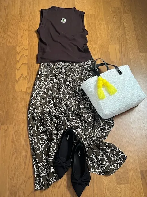 トップス：ＧＵ　スカート：UNIQLO　バッグ：¡CHEVERE!シューズ：VIVAIA　ブローチ：TRECODE