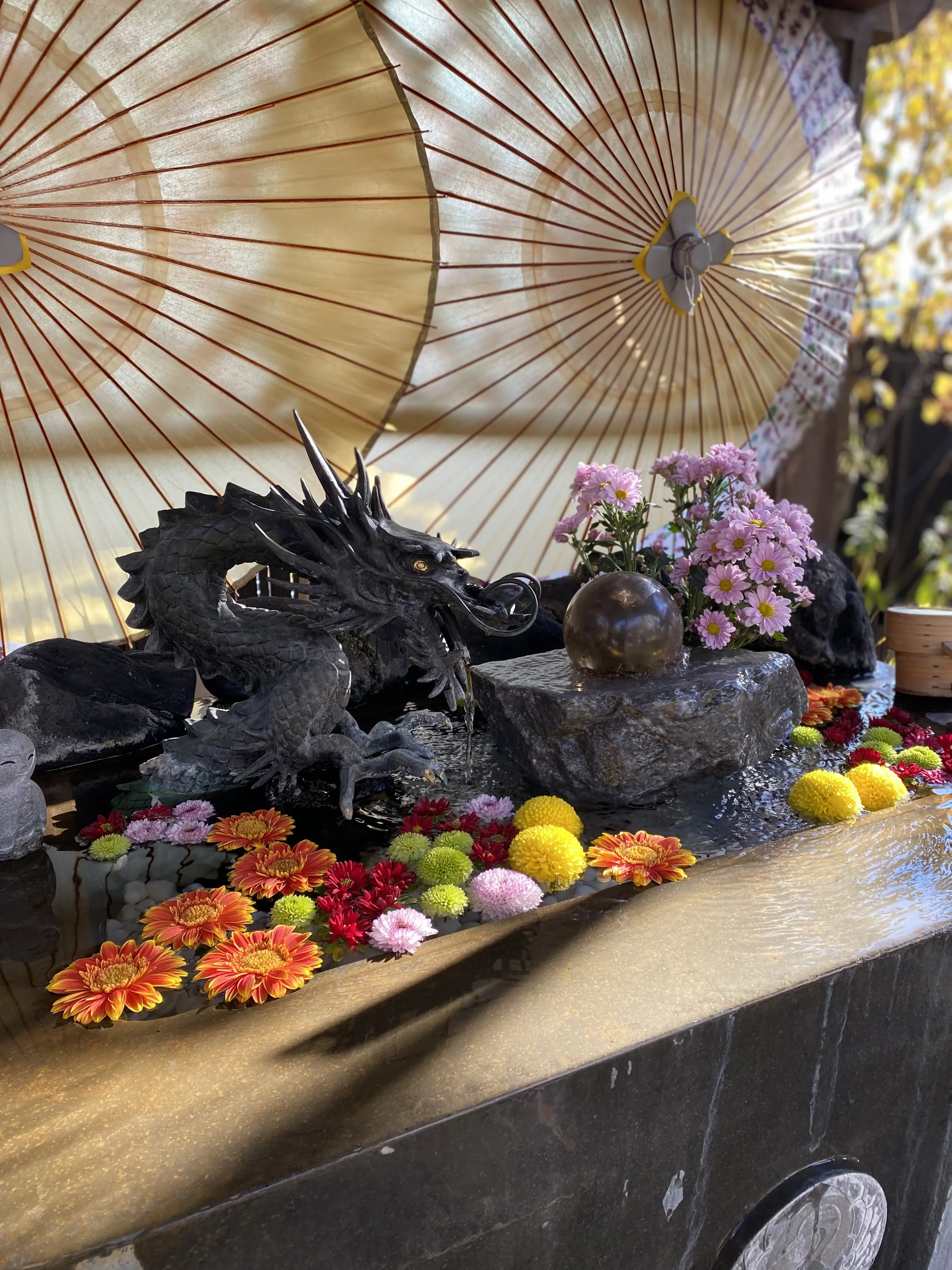 早稲田の法輪寺・龍の花手水（はなちょうず）｜色とりどりの菊が浮かぶ華やかな手水舎｜早稲田で人気の花手水スポット・秋のお散歩におすすめ