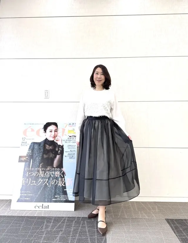 シャギージャカード切り替えブラウス、オーガンジー裏配色タックスカート