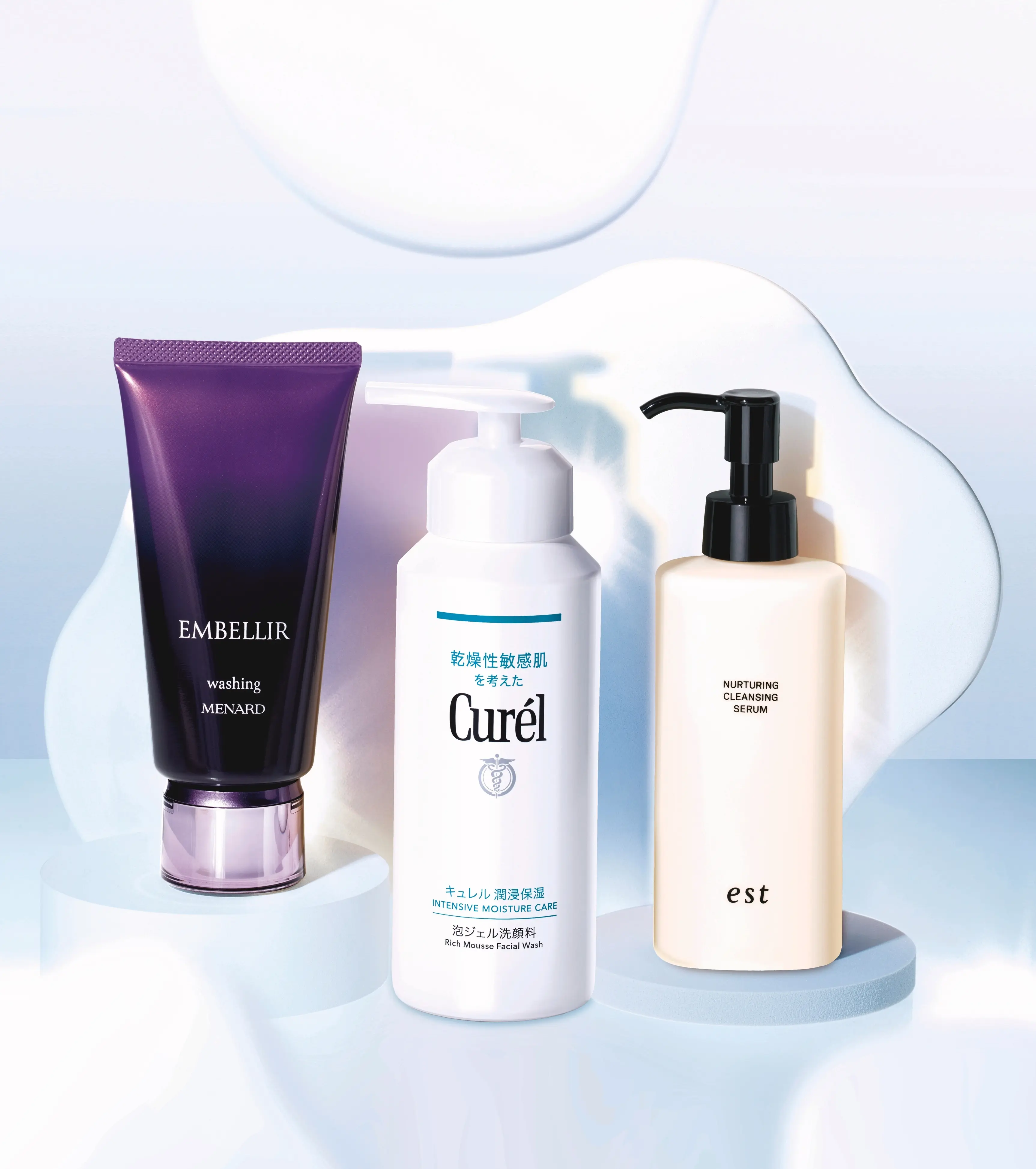 クリーム・泡・クレンジング各部門のベスコス受賞クレンジング・洗顔　《クリーム洗顔 部門賞》メナード　エンベリエ ウオッシング　《泡洗顔 部門賞》キュレル　潤浸保湿 泡ジェル洗顔料　《クレンジング 部門賞》エスト　ナーチャリング クレンジングセラム