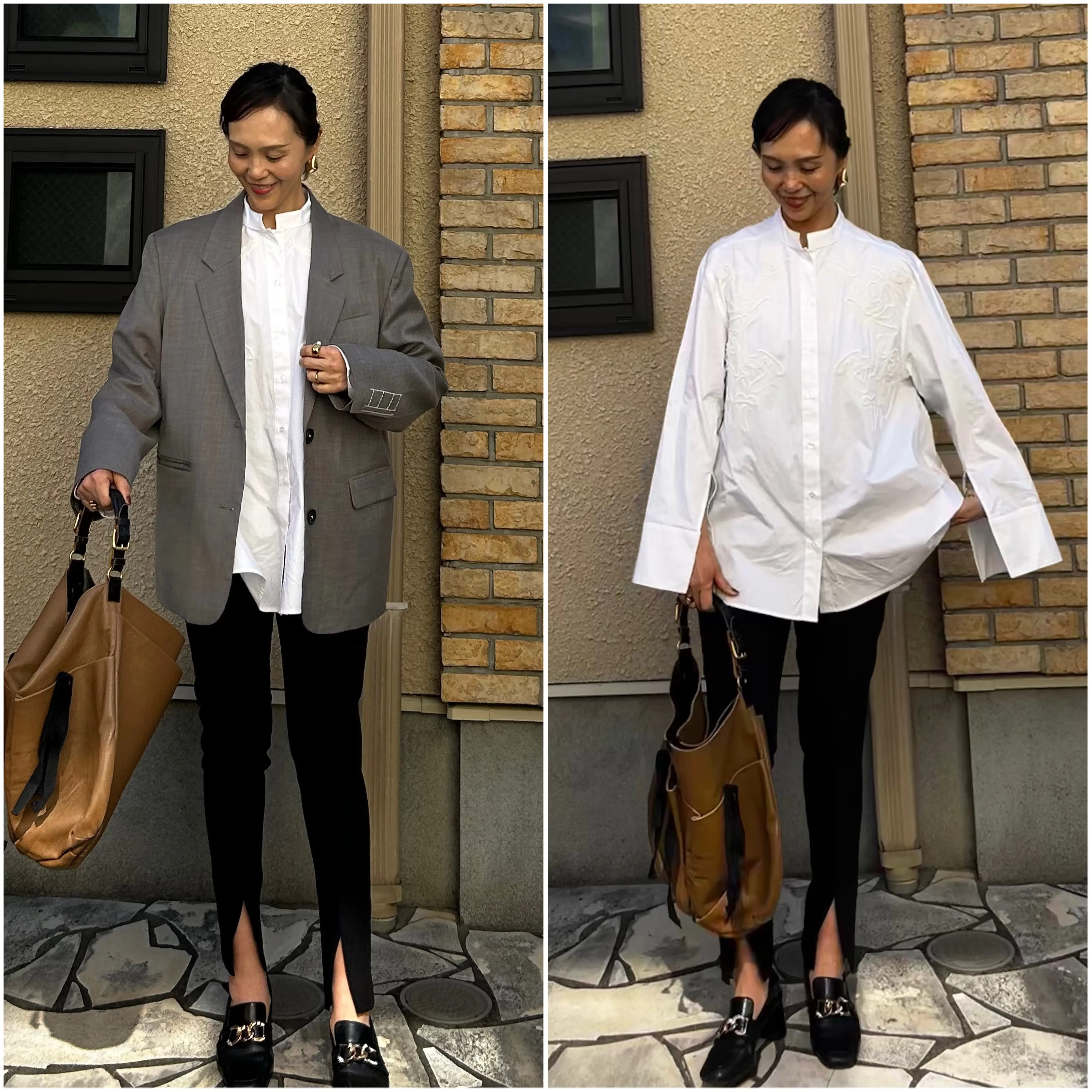 H&M studioのブラウスにマニッシュなリサイクルジャケットを