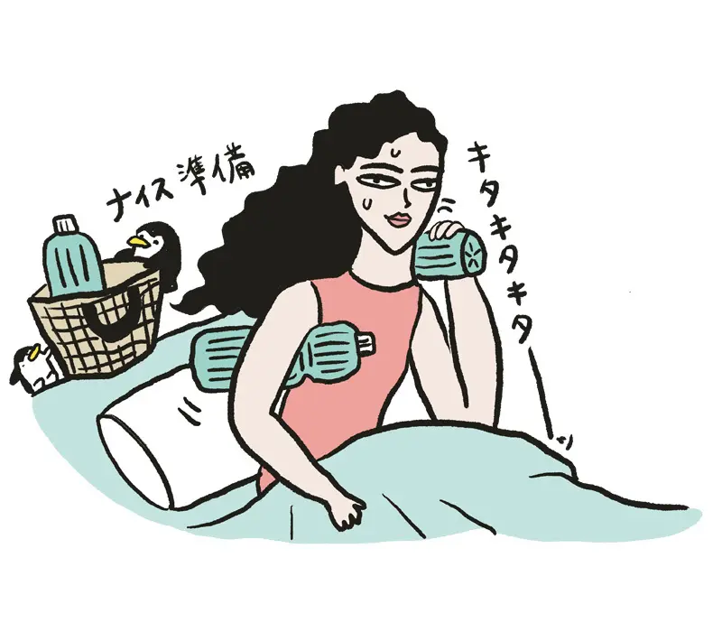 夏のホットフラッシュ対策で寝る時に冷やしたペットボトルを枕元に置いているアラフィー女性のイラスト