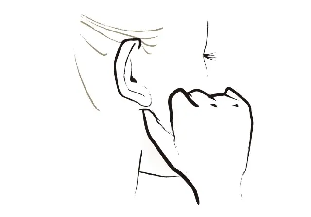 親指の腹を耳たぶの下にしっ かり押し当てると、指鍼の圧 がかかりやすくなる。