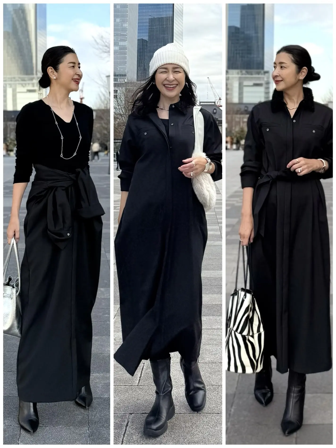 イーバイエクラ　黒ワンピース　着回し　50代ワンピースコーデ　アラフィフワンピースコーデ　シルバーバッグ　シルバーネックレス　黒ショートブーツ　ゼブラ柄バッグ　白ニット帽子