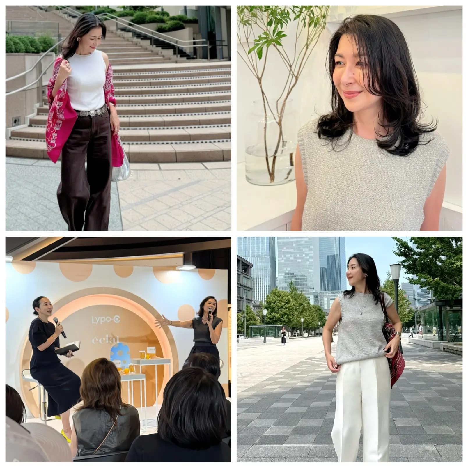 「リポソーム体験サロン by Lypo-C」トークショー　モデル亜希　H&amp;M ブラウン色デニム　白ニット　白パンツ　シルバー色ニット　バーガンディー色バッグ