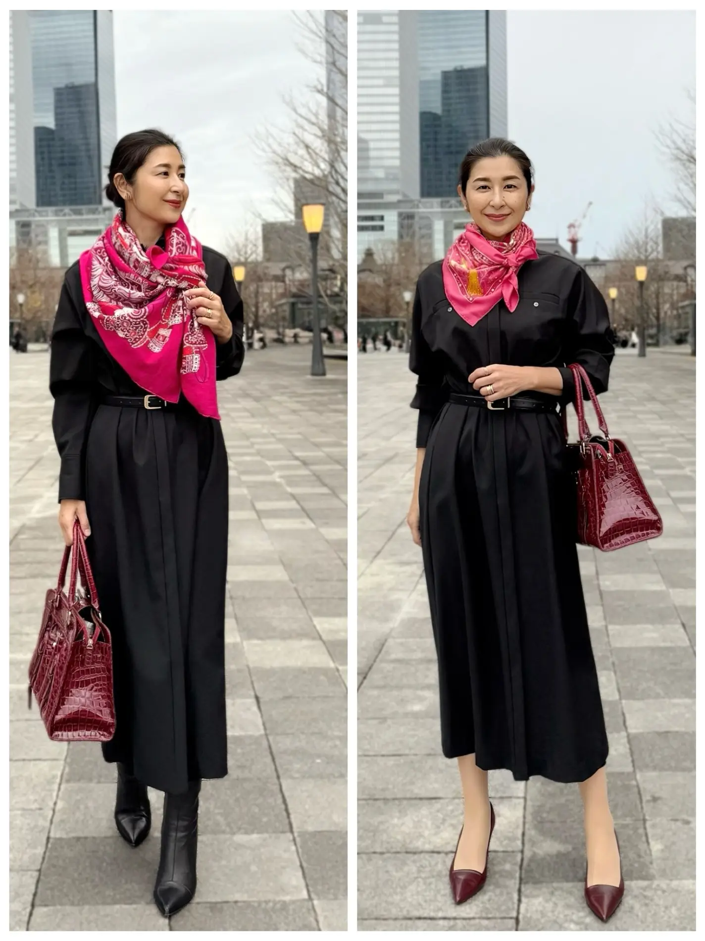 イーバイエクラ　黒ワンピース　着回し　50代ワンピースコーデ　アラフィフワンピースコーデ　エルメスストール　エルメススカーフ　ボルドー色バッグ　黒ショートブーツ　