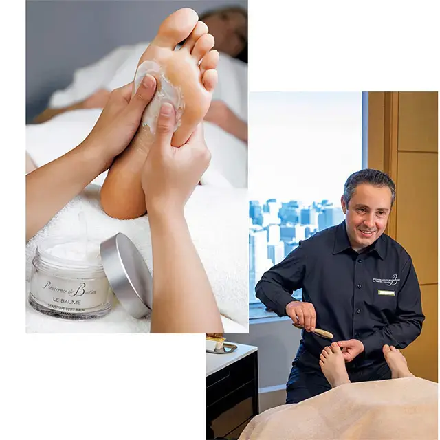 「バスティアン・フットケア」（75分￥24,882）は、ポディアトリスト（足医学専門家）のブノワ・ペリエ氏が優しく施術してくれる。温浴施設も利用可