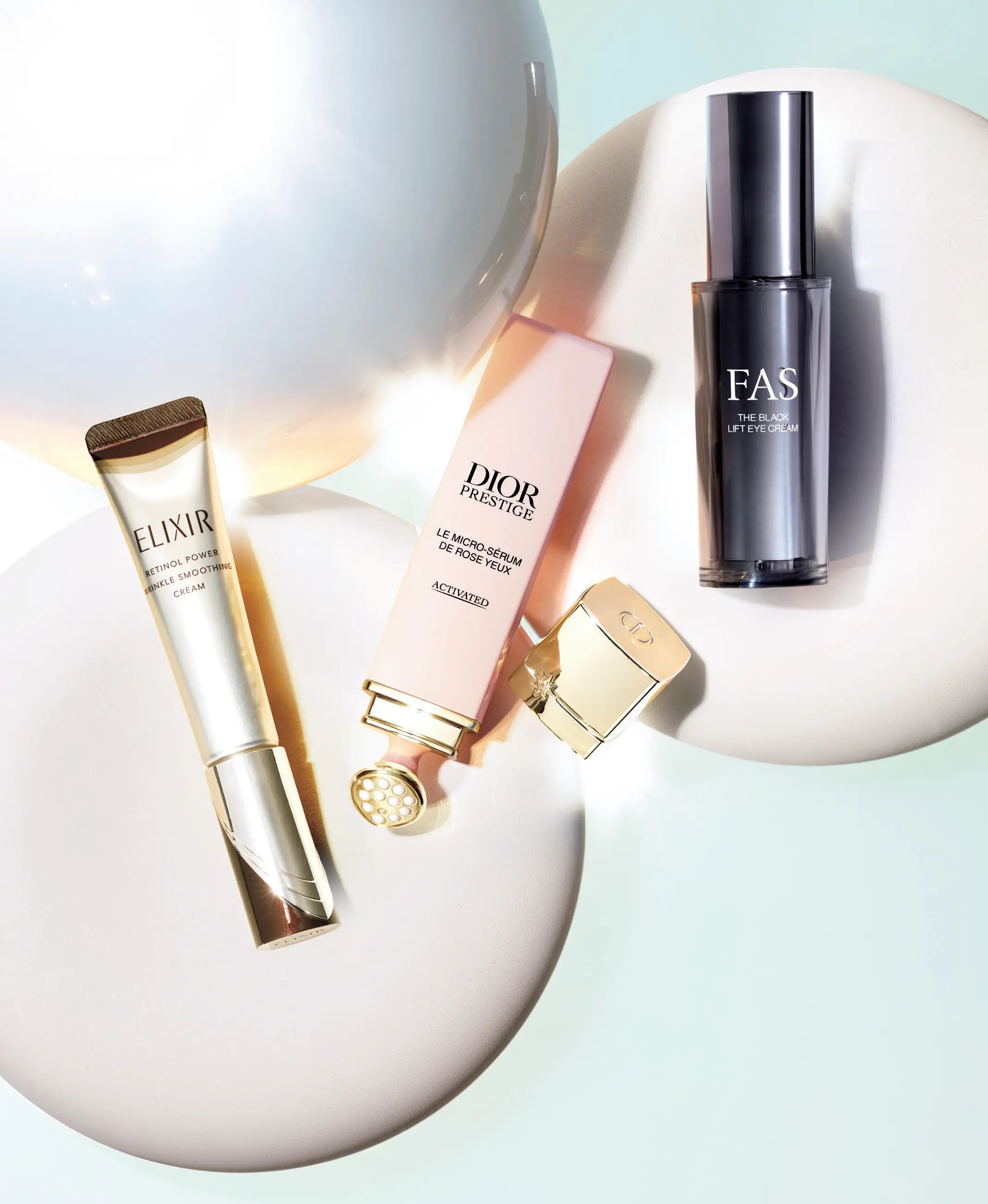 2025年下半期ベストコスメ　《目ジワケア 部門賞》エリクシール　レチノパワー リンクルクリーム ba　《くま・くすみケア 部門賞》ディオール　プレステージ マイクロ セラム ユー　《マルチアイケア 部門賞》FAS　ザ ブラック リフト アイ クリーム
