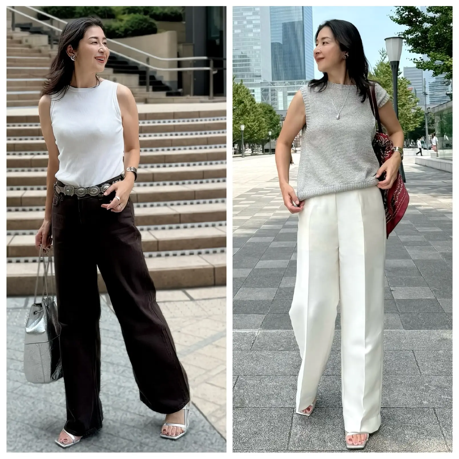 ブラウンデニム　白ニット　晩夏コーデ　GUシルバーサンダル　白パンツ　シルバーニット　バーガンディー色バッグ　シルバー色バッグ　バーガンディー色スカーフ　H&amp;M
