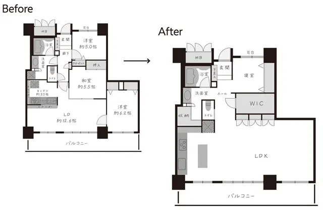 行正さんが手がけた大村邸（P.38〜43） は、3LDKから1LDK＋ウォークインクロゼットの間取りにリノベーション。 LDKが広く収納も多い空間になった