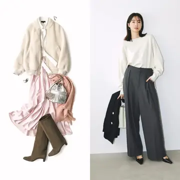 白×ピンクの甘やかな配色コーデから裏起毛のタックパンツを使った冬のビジネススタイルまで【50代の1週間コーデ】