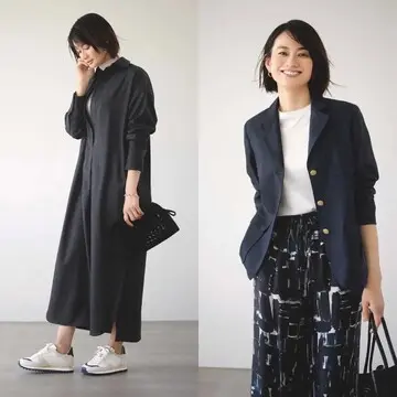 シャツワンピースの秋らしい着こなしから紺ブレ×プリントパンツでつくるオフィスコーデまで【50代の1週間コーデ】